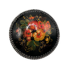 Vtg Sterling Russian Floral & Butterfly Black Lacquer Brooch Pin Hand Painted
